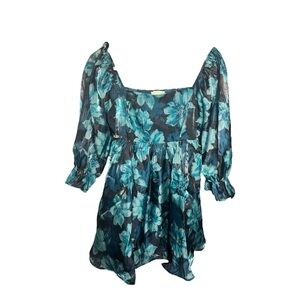 Mini Dress Floral Teal Green Black Puff Sleeve Dress L